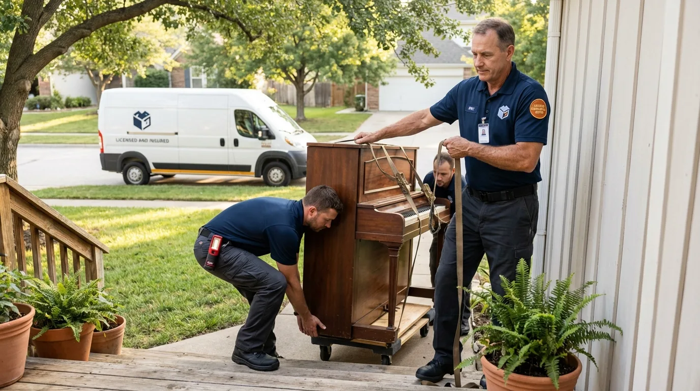 Licensed piano movers securing grand piano in Somerset, MA