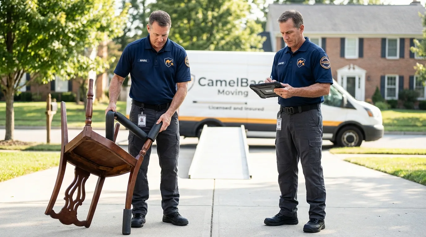 Movers inspecting furniture for damage prevention before loading in Somerset, MA