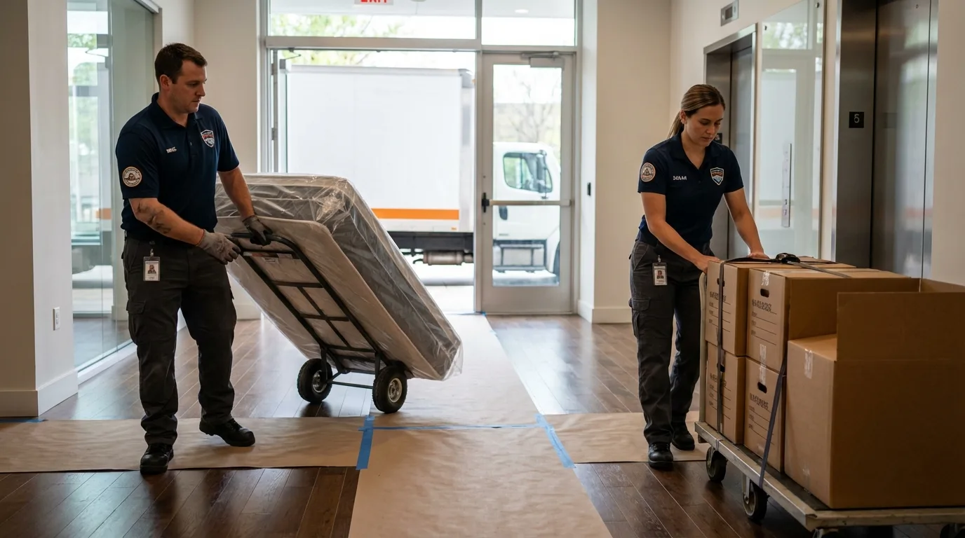 Professional apartment movers loading elevator in Somerset, MA