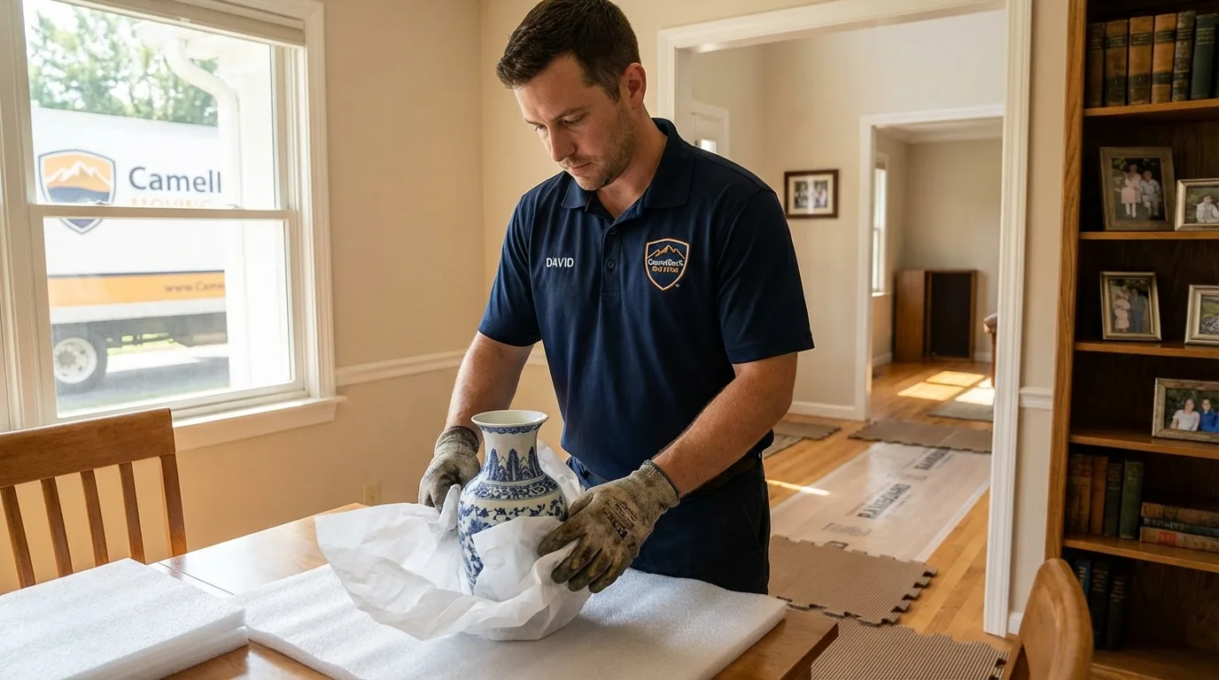 Professional crew carefully wrapping antique vase for senior downsizing move in Somerset, MA