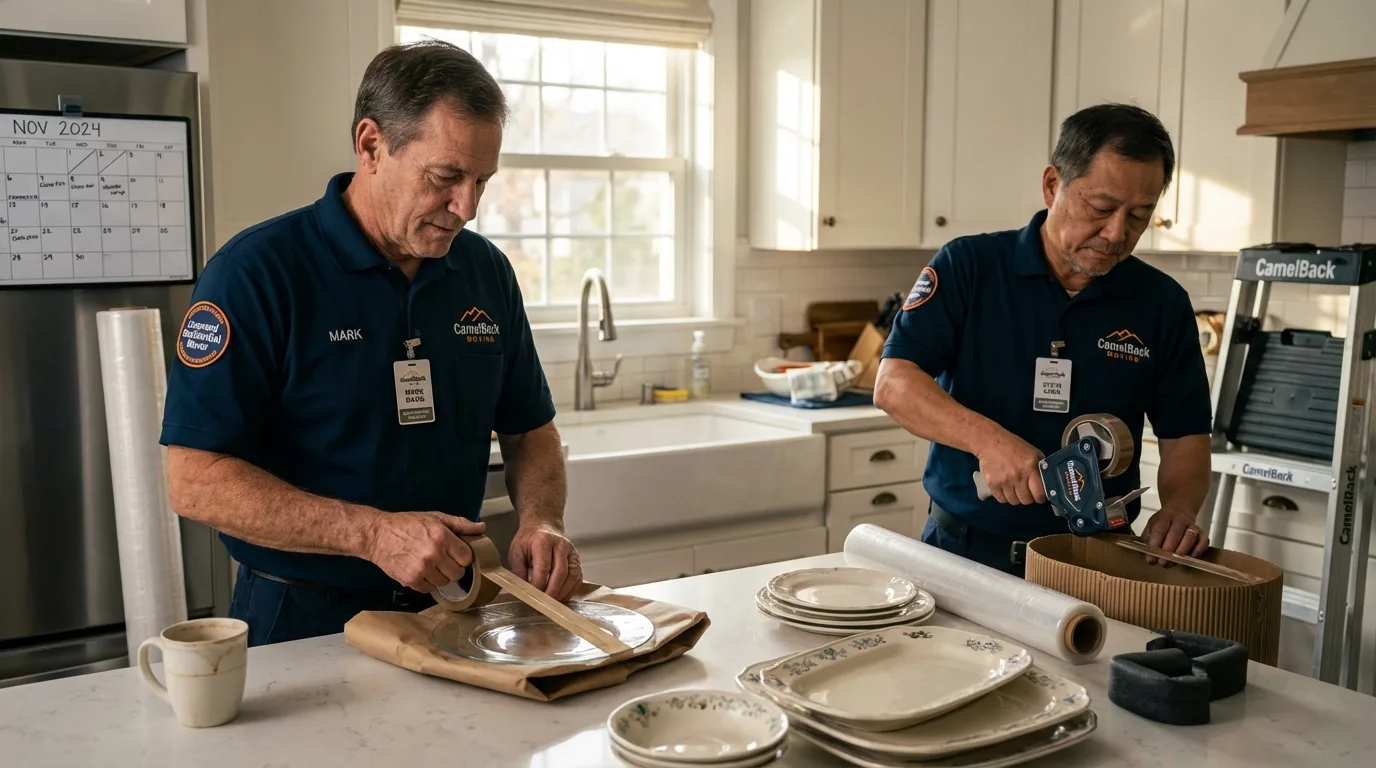 Professional crew packing kitchen dishware in Somerset, MA
